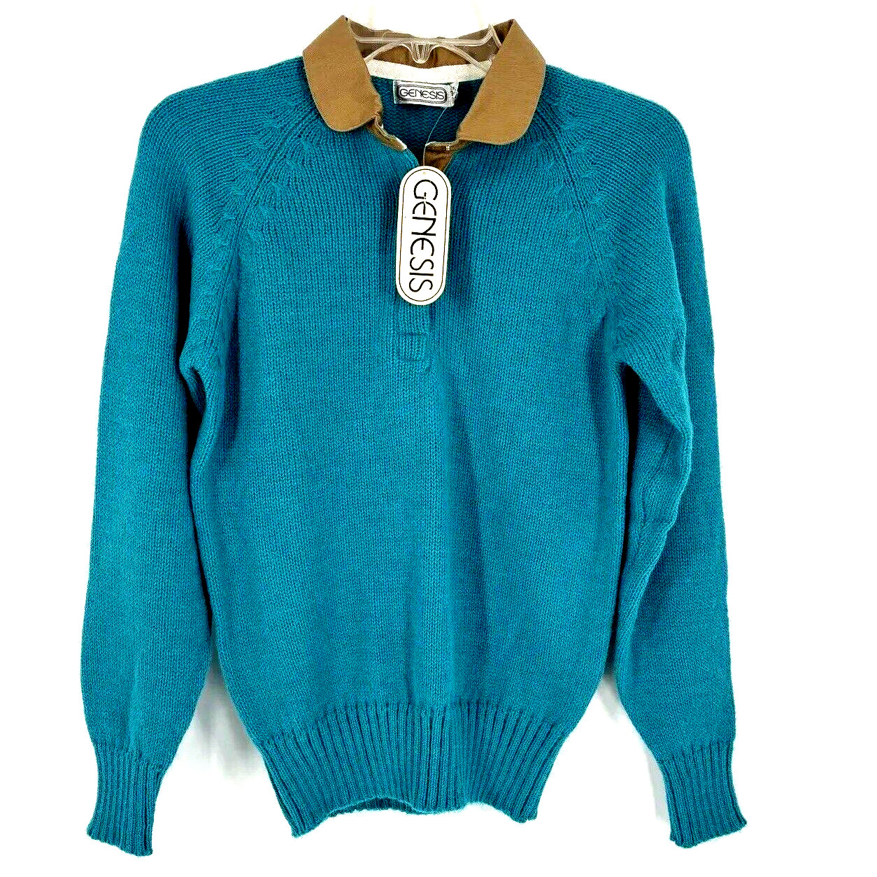 NWT Vintage Genesis Small 80&rsquo;s Teal/Green/Blue LS Knit Sweater Tan Collar