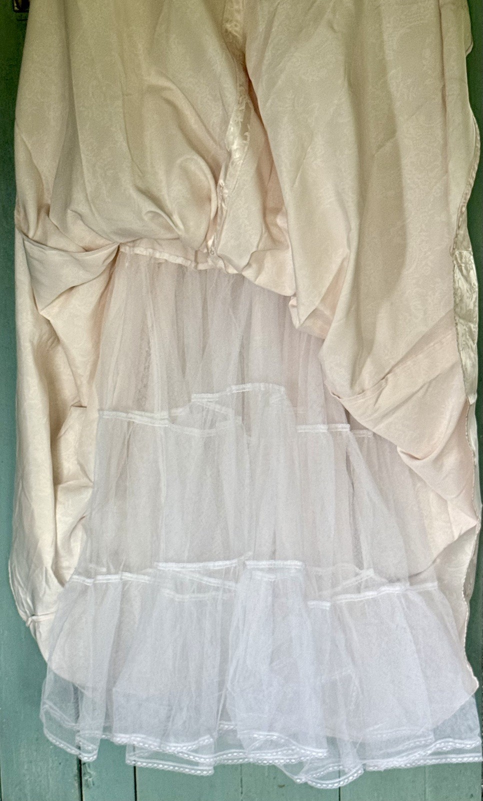 Basque Waist Gown WEDDING Princess Formal Satin Brocade Blush Bustle Roses M+