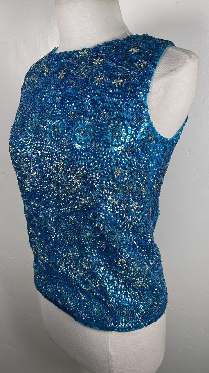 Gorgeous 1960&rsquo;s fully sequined and beaded turquoise tank top Hong Kong