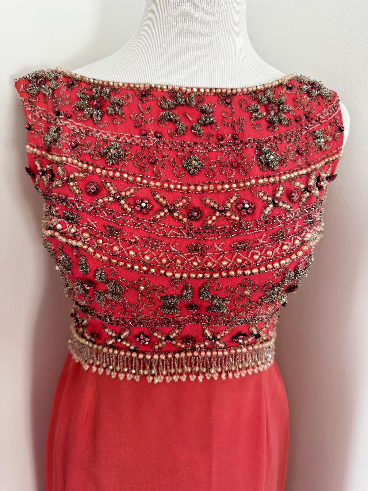 Vintage 1960s Coral Peach Hand Beaded Ball Gown British Crown Colony Hong Kong 8