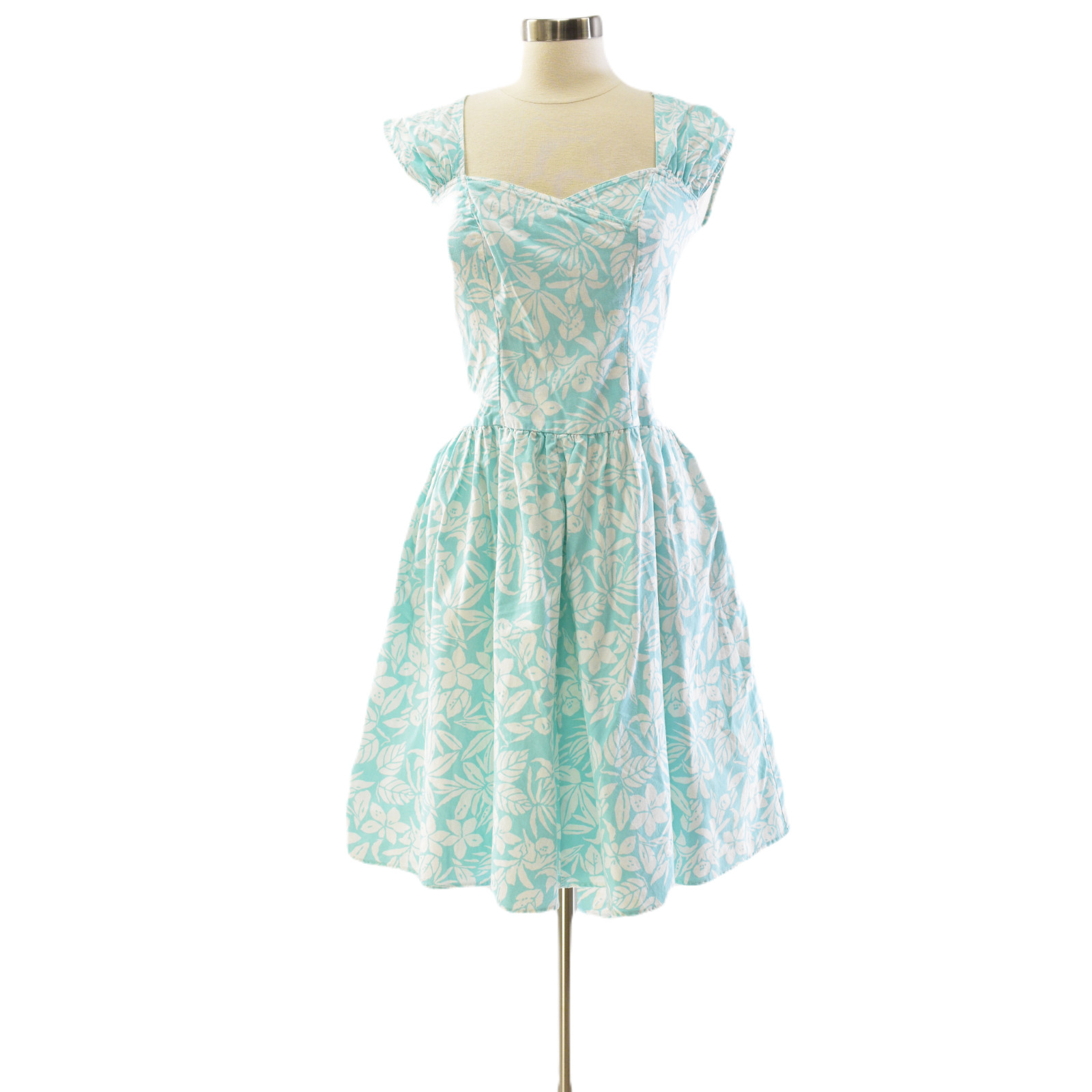 90s Seafoam Green Sun Dress Cotton XS Joni Blair Sweatheart Neckline