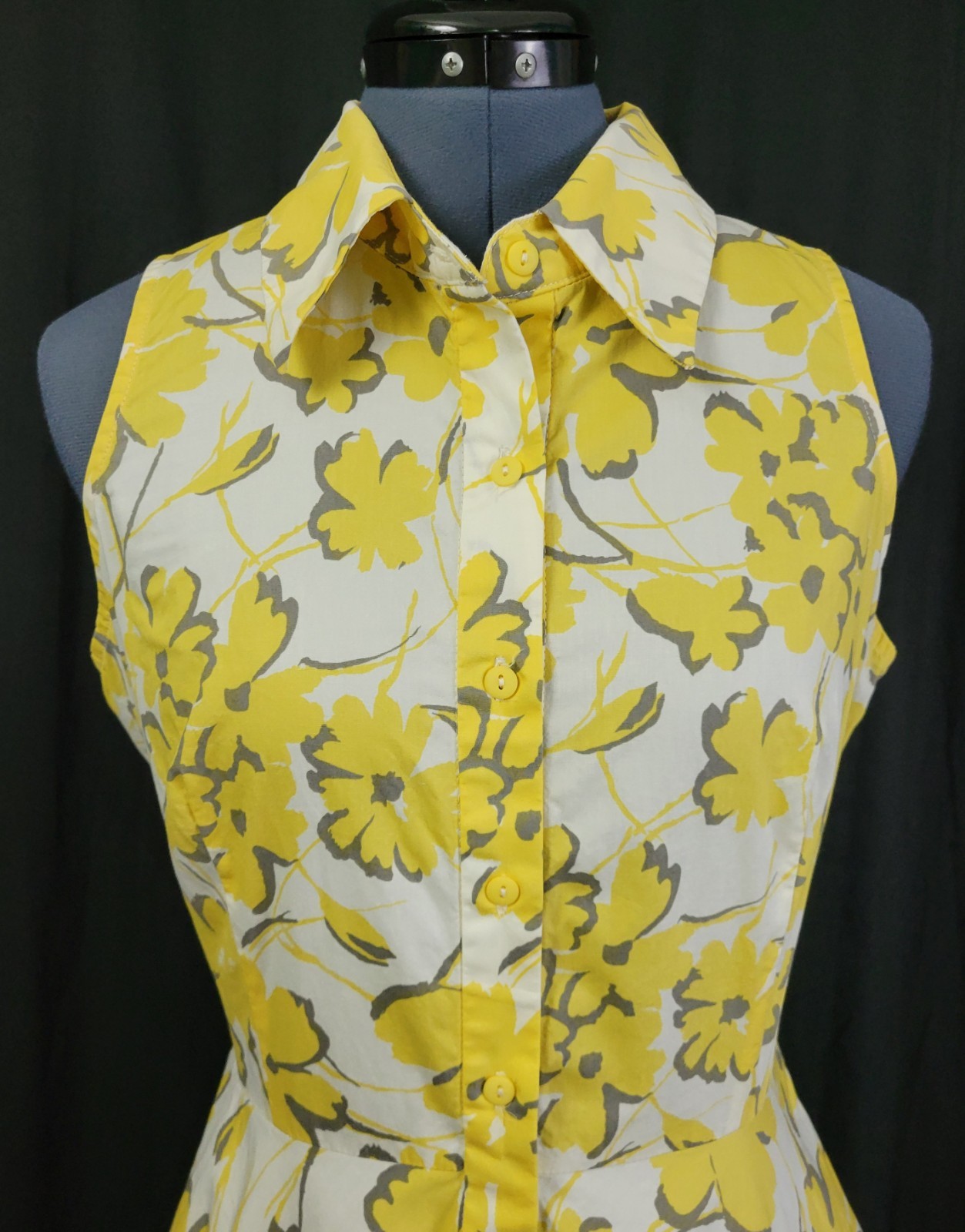 Vintage Karin Stevens White/Yellow/Grey Floral S/L Shirt Dress w Tie Size 10P