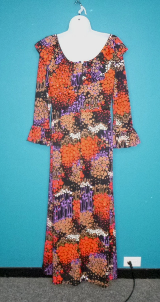 Vtg 70s Dynasty Stretch Poly MOD Maxi Dress Stylized Floral Sz S/M Hong Kong