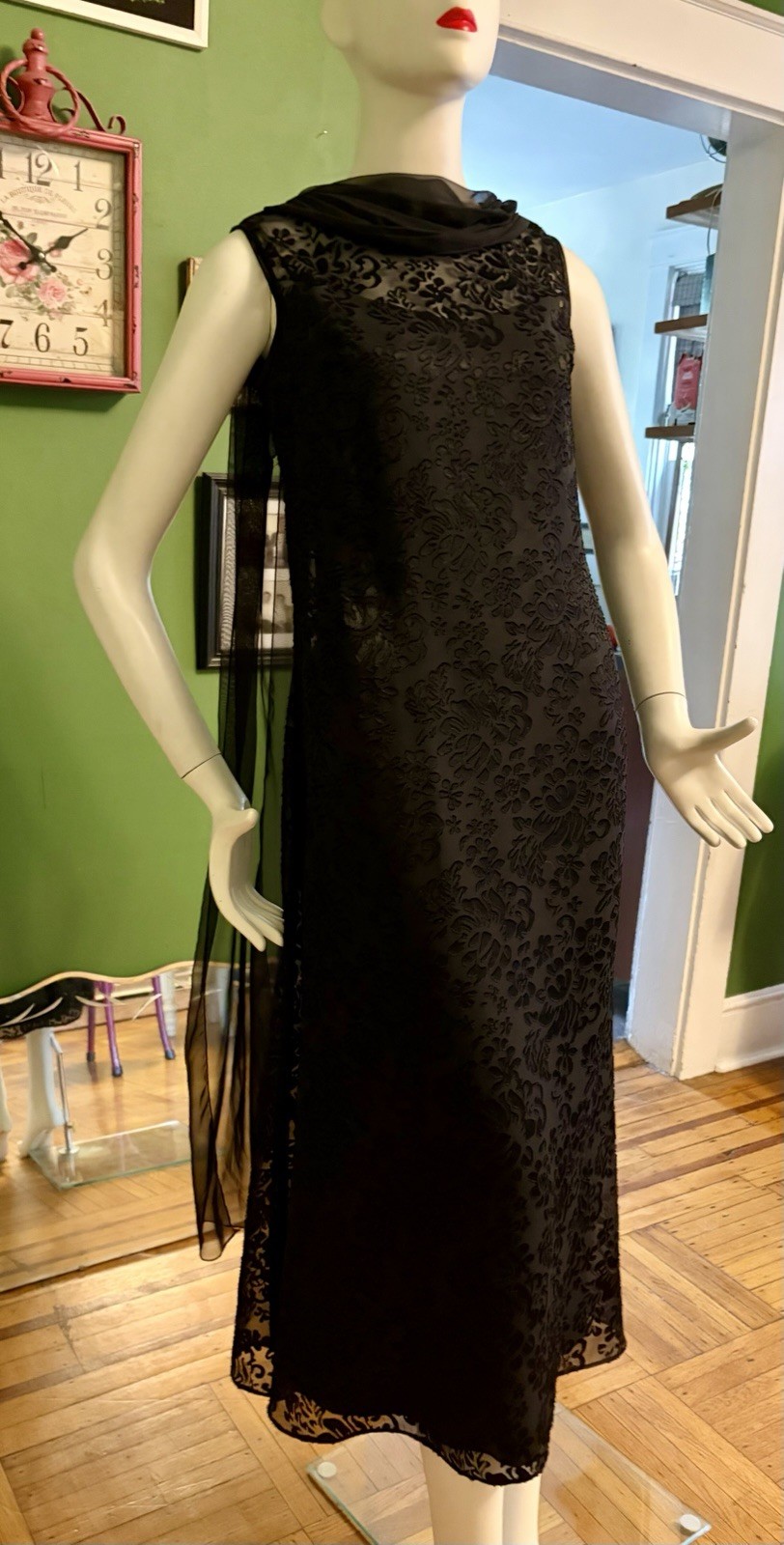 Vtg 90s McClintock Blk Sheath Netting Whimsygoth Chiffon Cape Dress 38 M Hepburn
