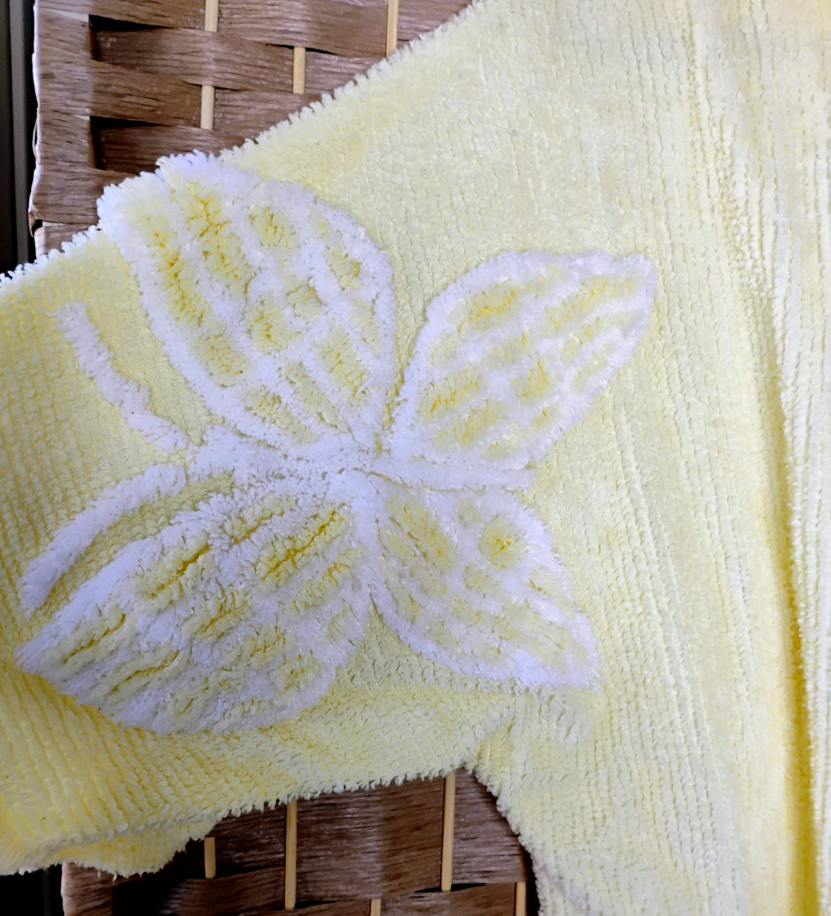 Vintage 70s Stan Herman Yellow Chenille Terry Robe Butterfly Decal Wrap Belt M