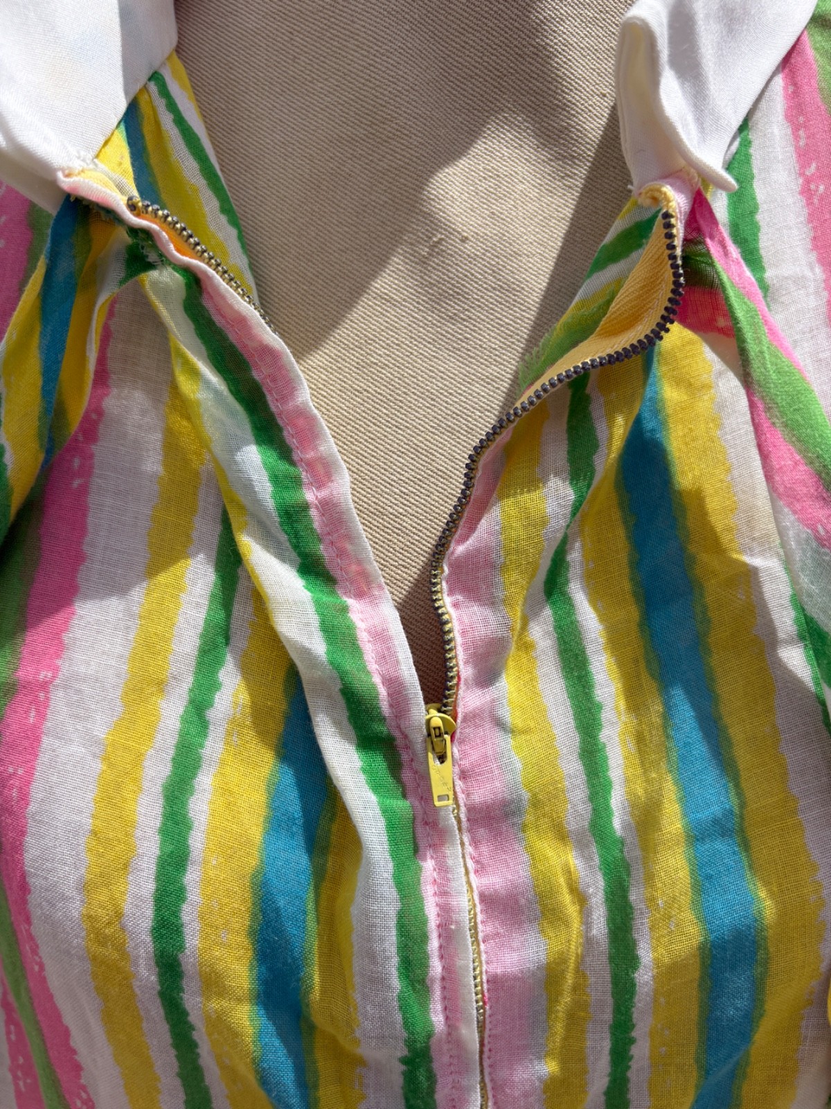 Vintage 60s Handmade Circus Rainbow stripe Parachute Dress Sheer L Needs TLC