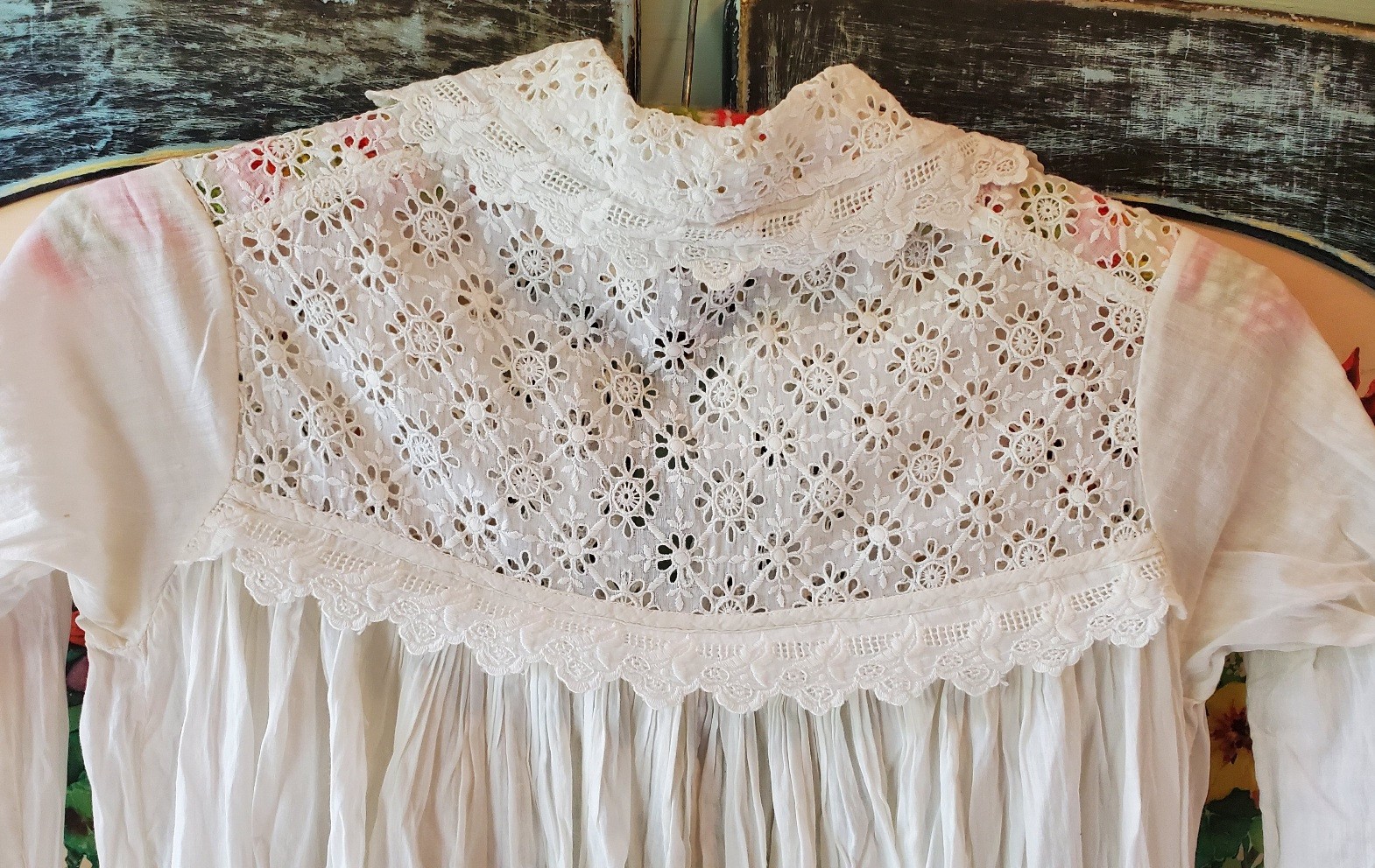 Antique Long Cotton Nightgown w/ Fancy Eyelet Bodice & Front Panel – XS/S