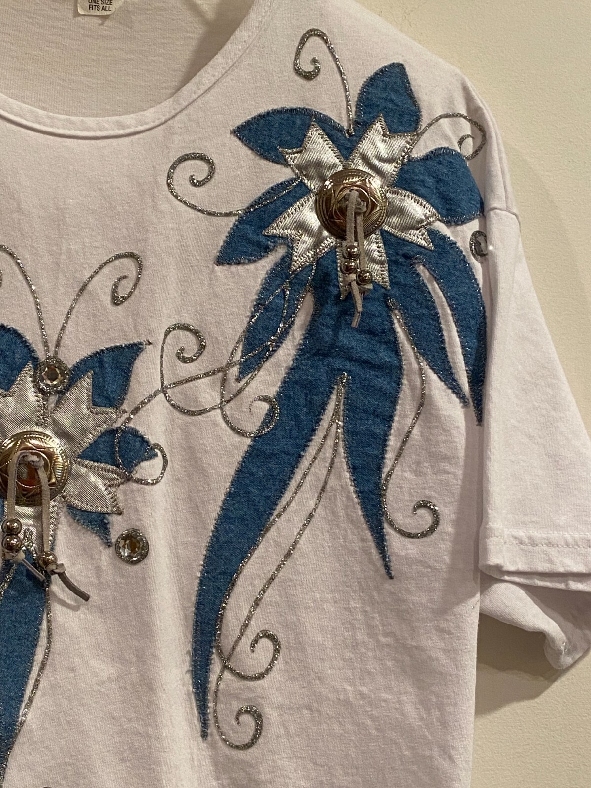 Vintage White Polyester & Cotton T Shirt Decorated w/Denim Applique & Rhinestone