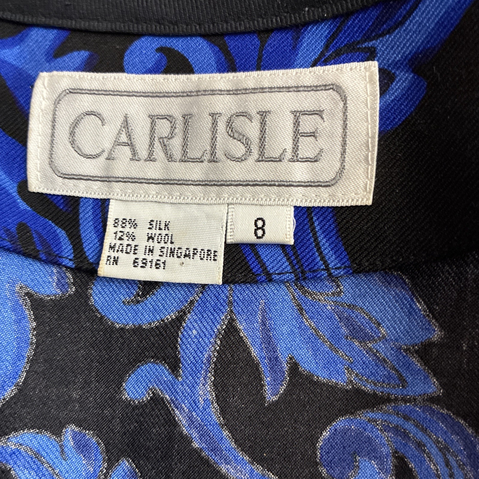 VTG CARLISLE Jacket Silk Wool Blend Women’s Sz 8 Blue Black Lined 80s W/Belt