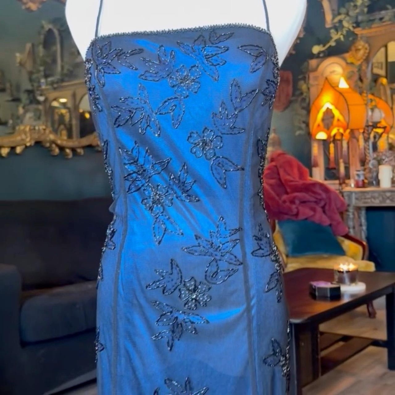 Vintage Black Beaded Mesh Overlay Evening Gown | Metallic Blue | Y2K Formal
