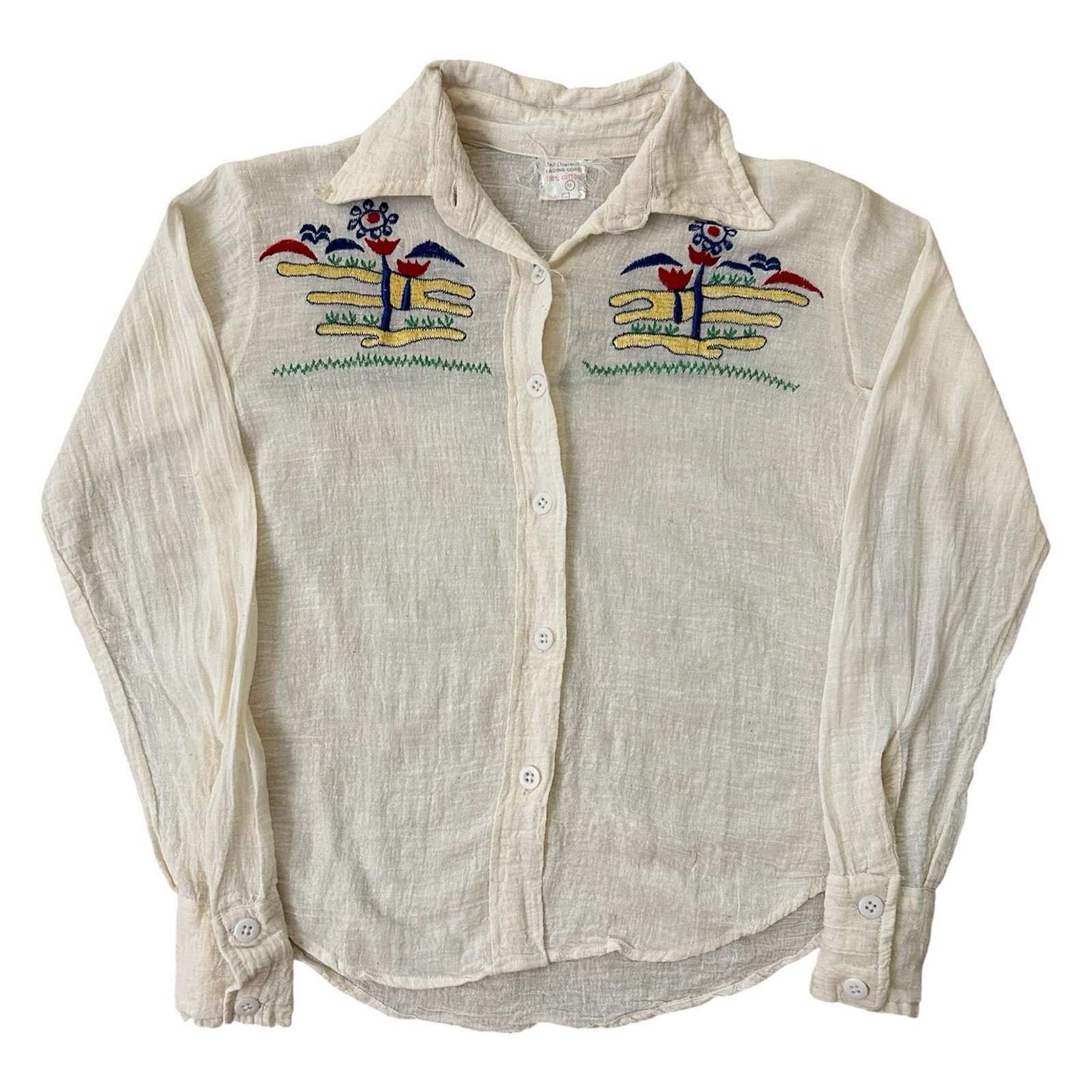 VTG 1970s Scenic Floral Embroidered White Gauze Cotton Button Up Womens Sz M