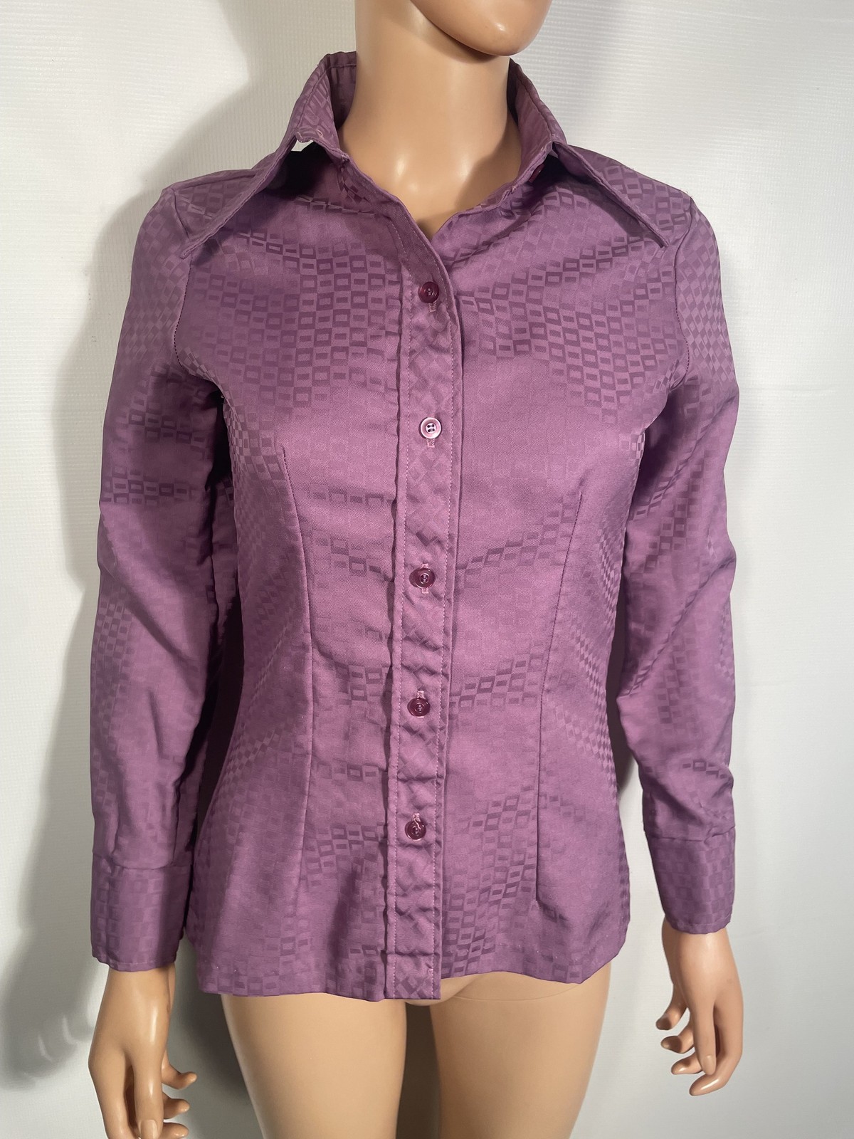 Vitg 70s Dagger Collar Damask Weave Geometric Print Tailored Purple Blouse Sz S