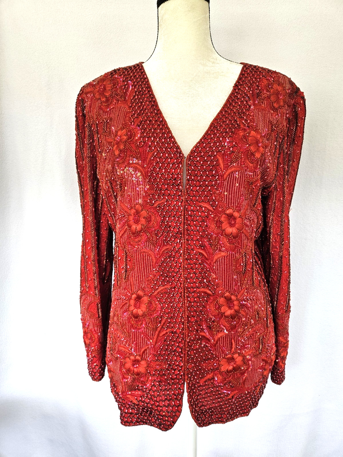 FRANK USHER – Vintage 80&rsquo;s Red Sequin Beaded Evening Jacket Blazer – Large?