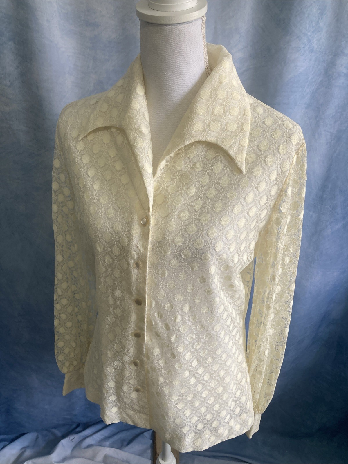 Vtg 70s Judy Bond Dagger Collar Lace Blouse Ivory Cream EUC Small Mod Secretary