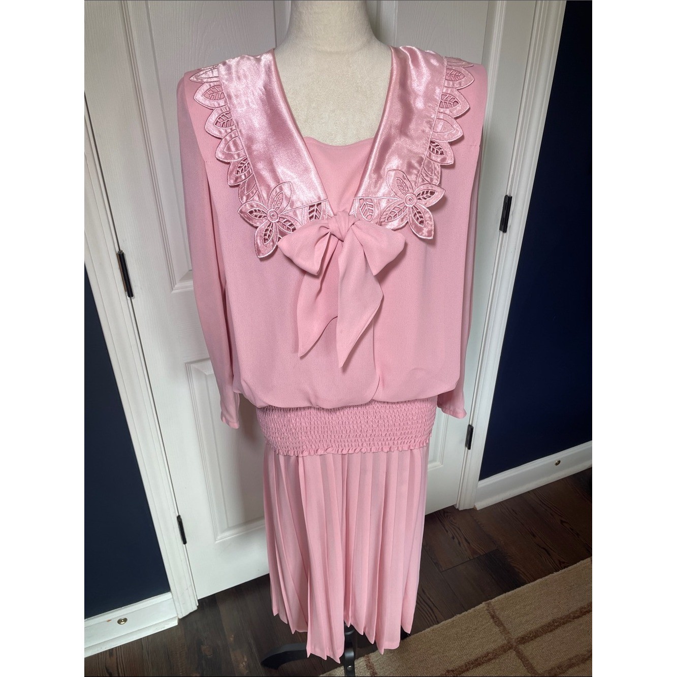 Vintage Tea Dress Pink Satin-Trim Bow Front Drop Waist Pleated Skirt Size 10P