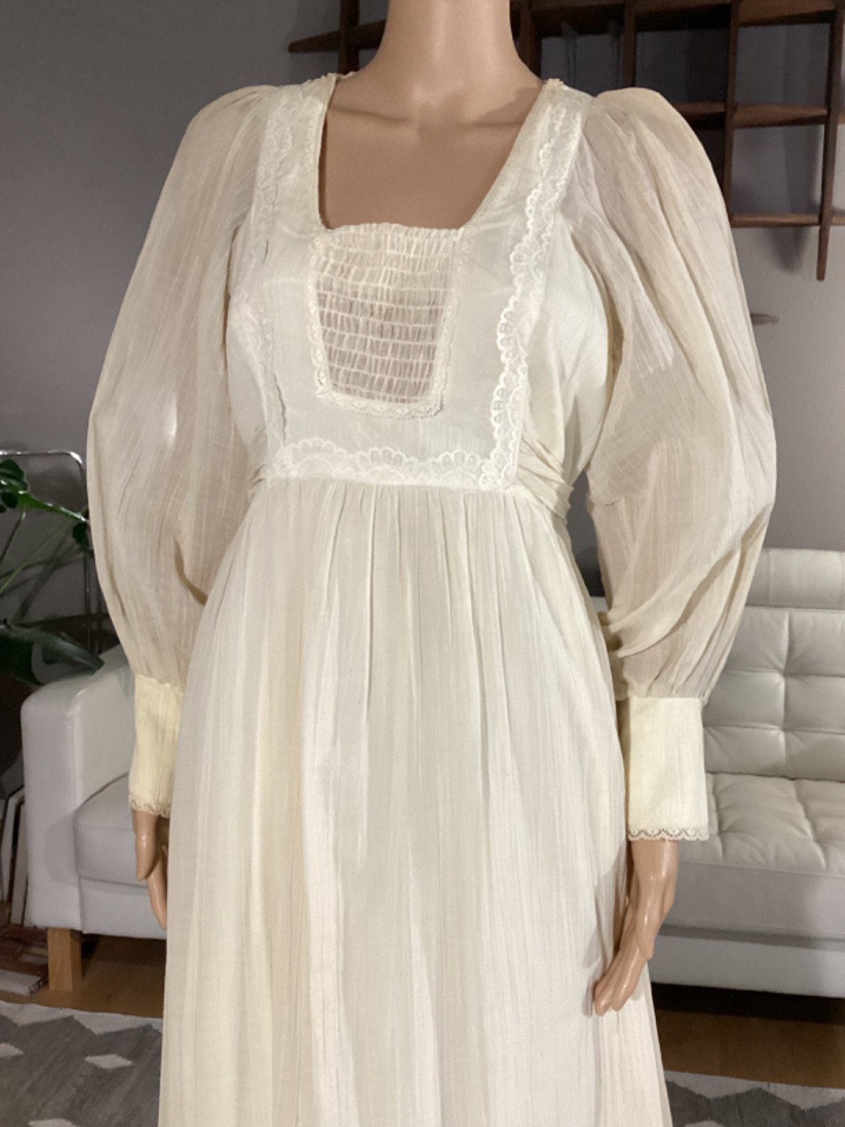 Vintage 1970&rsquo;s Creamy Ivory Gauze Boho Hippie Prairie Maxi Dress Lace Sz 12