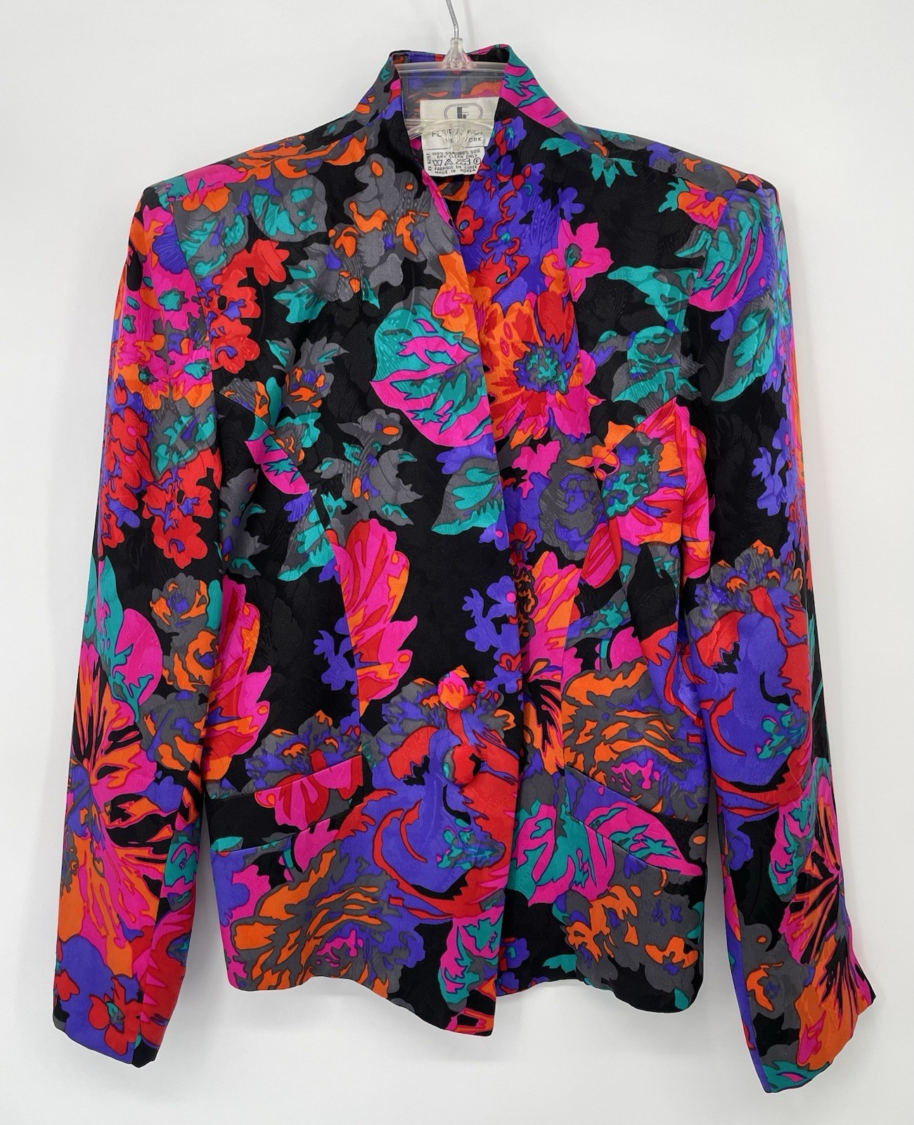 Vintage Iconic 80s Flora Kung Bold Abstract Floral Silk Asian Jacket Obi Belt XS