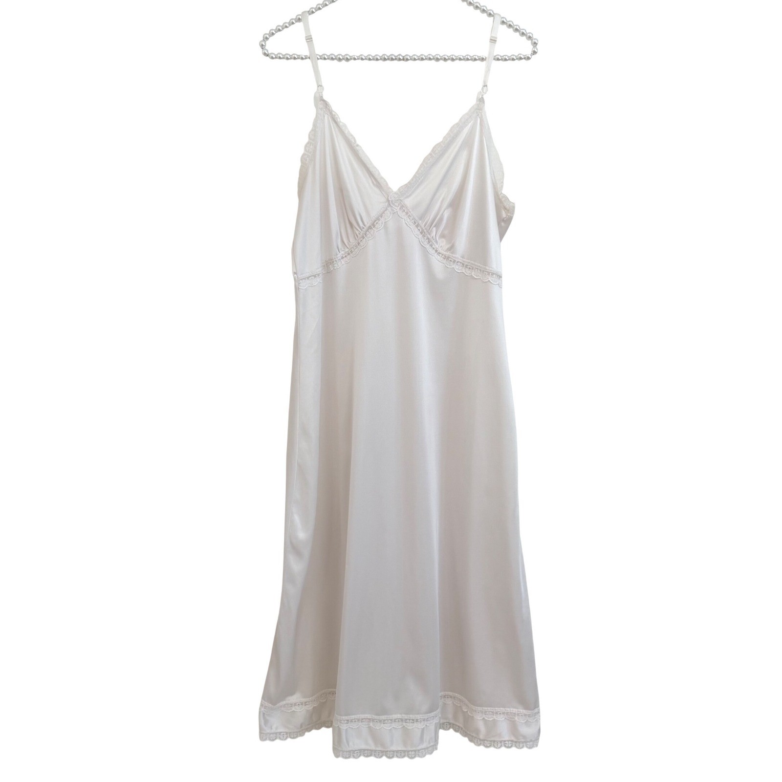 Sears Vintage White Nylon Full Slip Dress Lace Trim Adj Straps Size 34 Coquette
