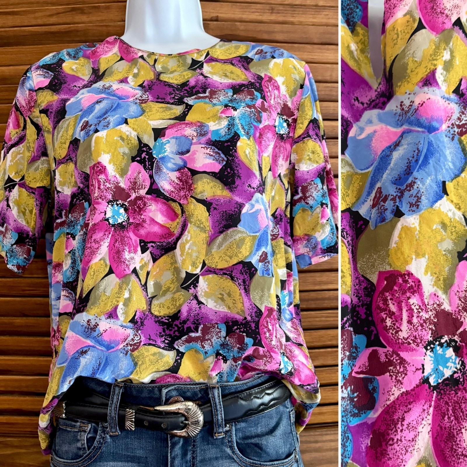 Vintage Silky Floral Work Office Retro Blouse Size M I 90s Blouse