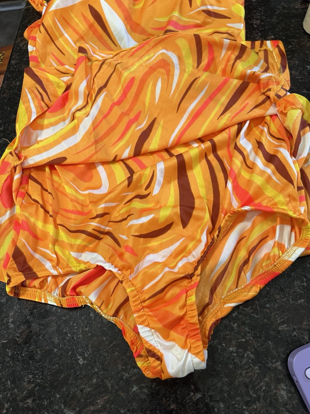 VTG 60s Union Made Abstract Orange Yellow & Brown Skirt Cover Swim Suit Med
