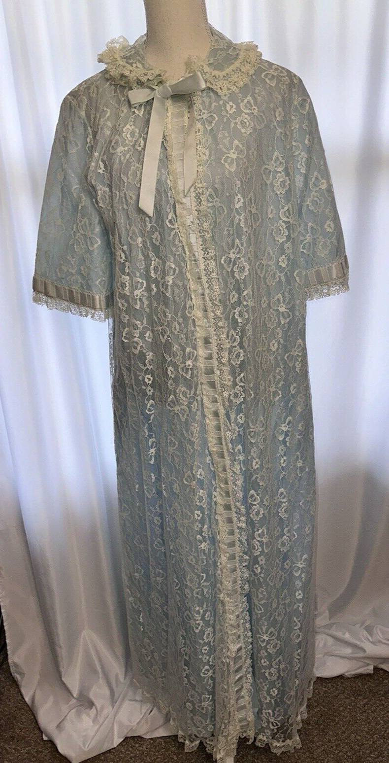 Vintage Odette Barsa Robe Size M Light Blue Lace Dressing Gown 1960s Long