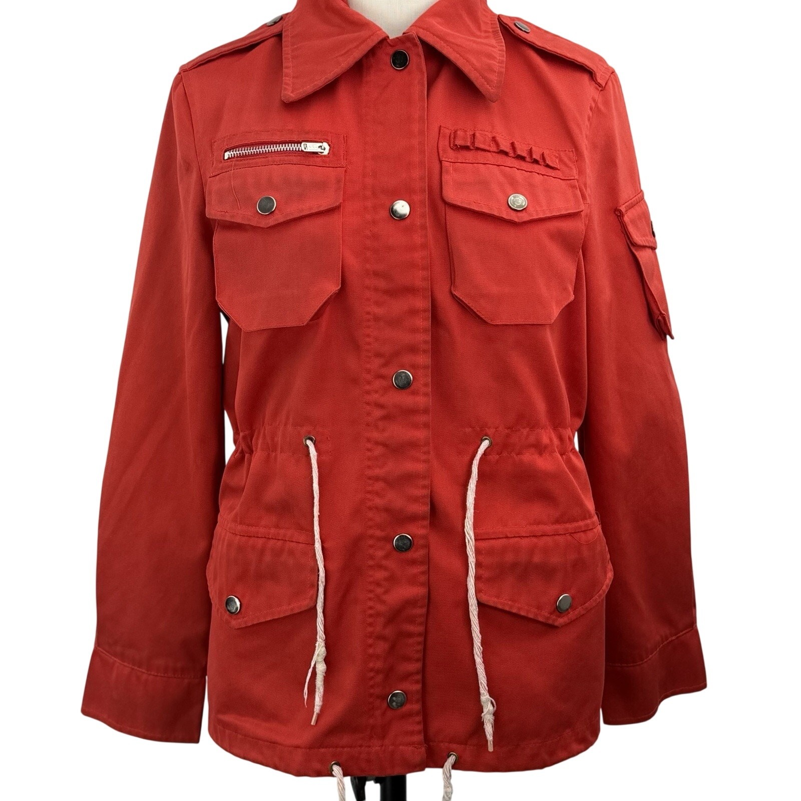 Vintage 70s Red Utility Jacket Small Cinch Waist Military Safari Field Coat