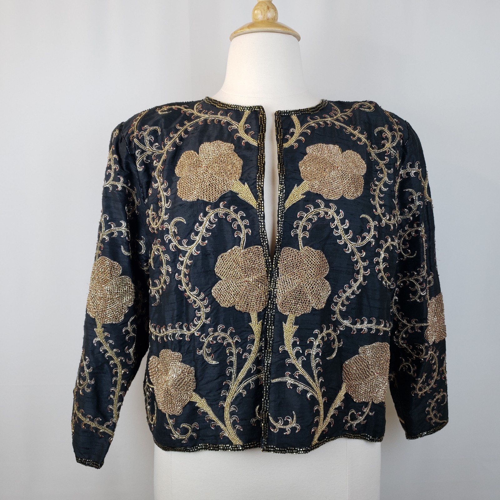 Vintage Starlight Evening Jacket XXL Black Silk Gold Beading Embroidery Handmade