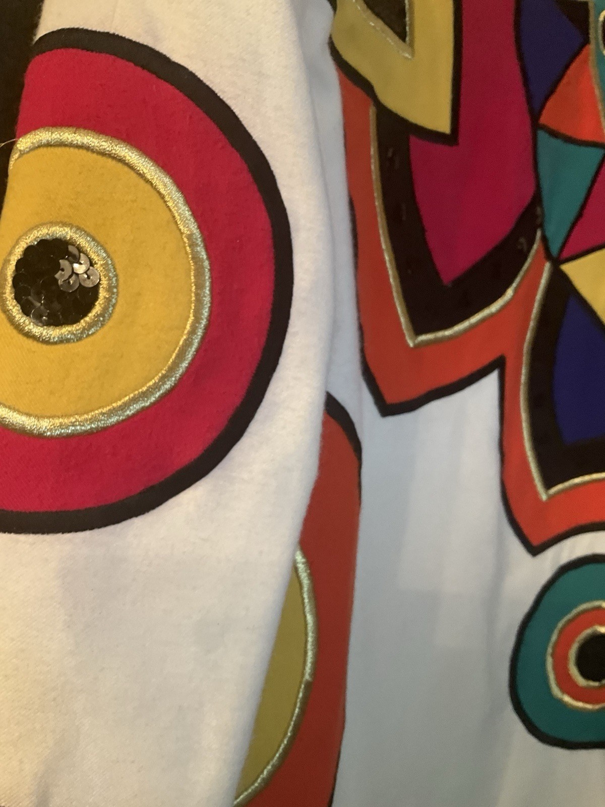 Vtg 80s IBE Colorblock Appliqué Sequin Shift Dress Sz 10 Cream Geometric Artwear