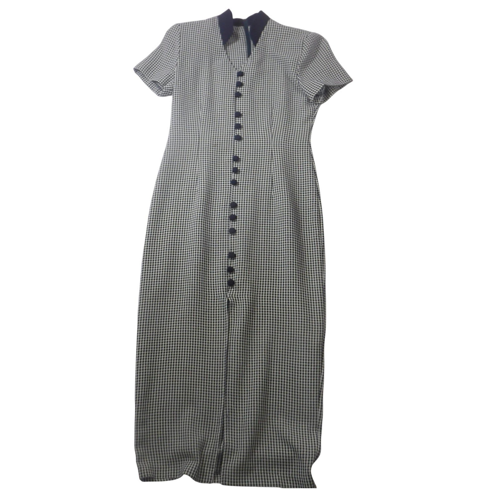 Scarlett Vintage Gingham Check Maxi Dress Navy Blue White Mandarin Collar 3/4