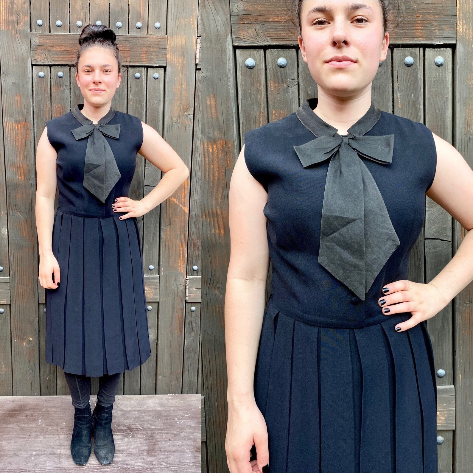 Vintage Black 1950s 1960s pussy bow dress. Dark pinup witchy goth rockabilly