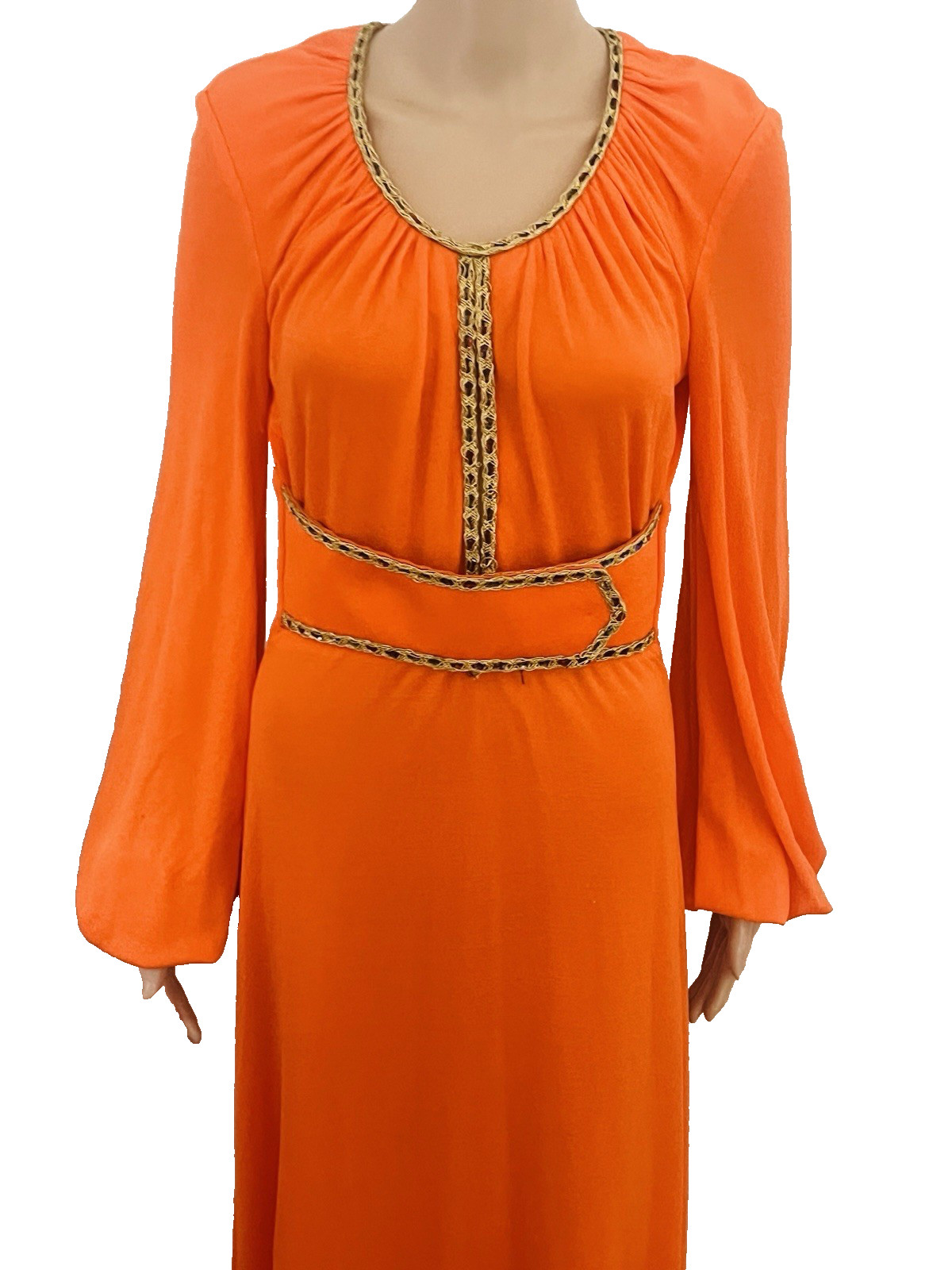VTG 70s Funky Mod Orange Belted Maxi Dress Sexy Plunging Keyhole Front/Back Med
