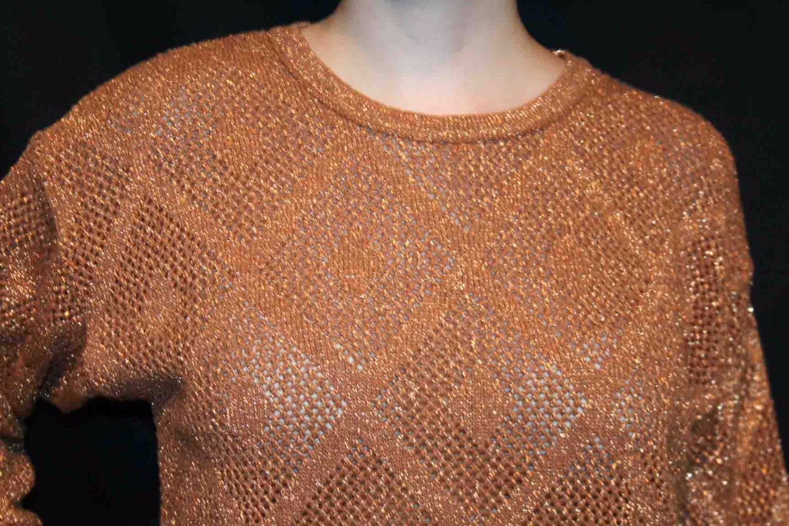 S Vtg 80s Metallic Sweater Copper Geometric Open Knit Cotton David Long Tunic