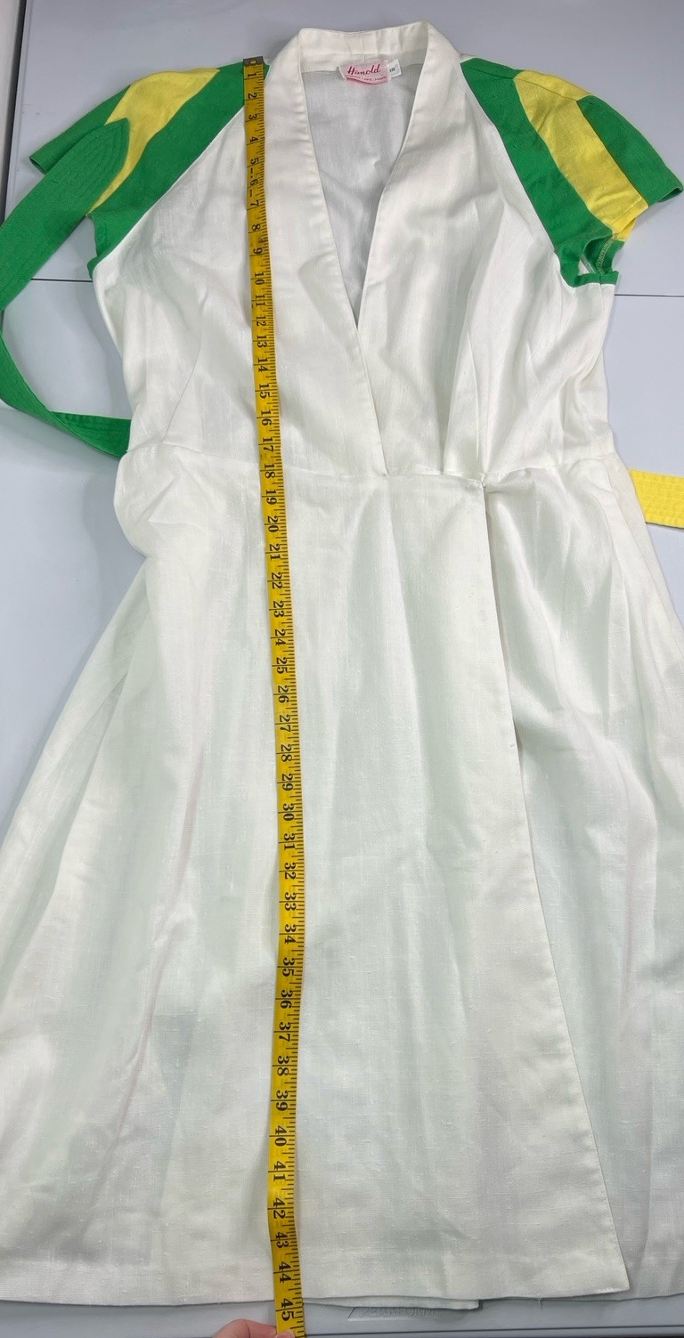 Vintage 60’s White Wrap Dress Green Yellow Striped Sleeves Belted Tag Sz 18