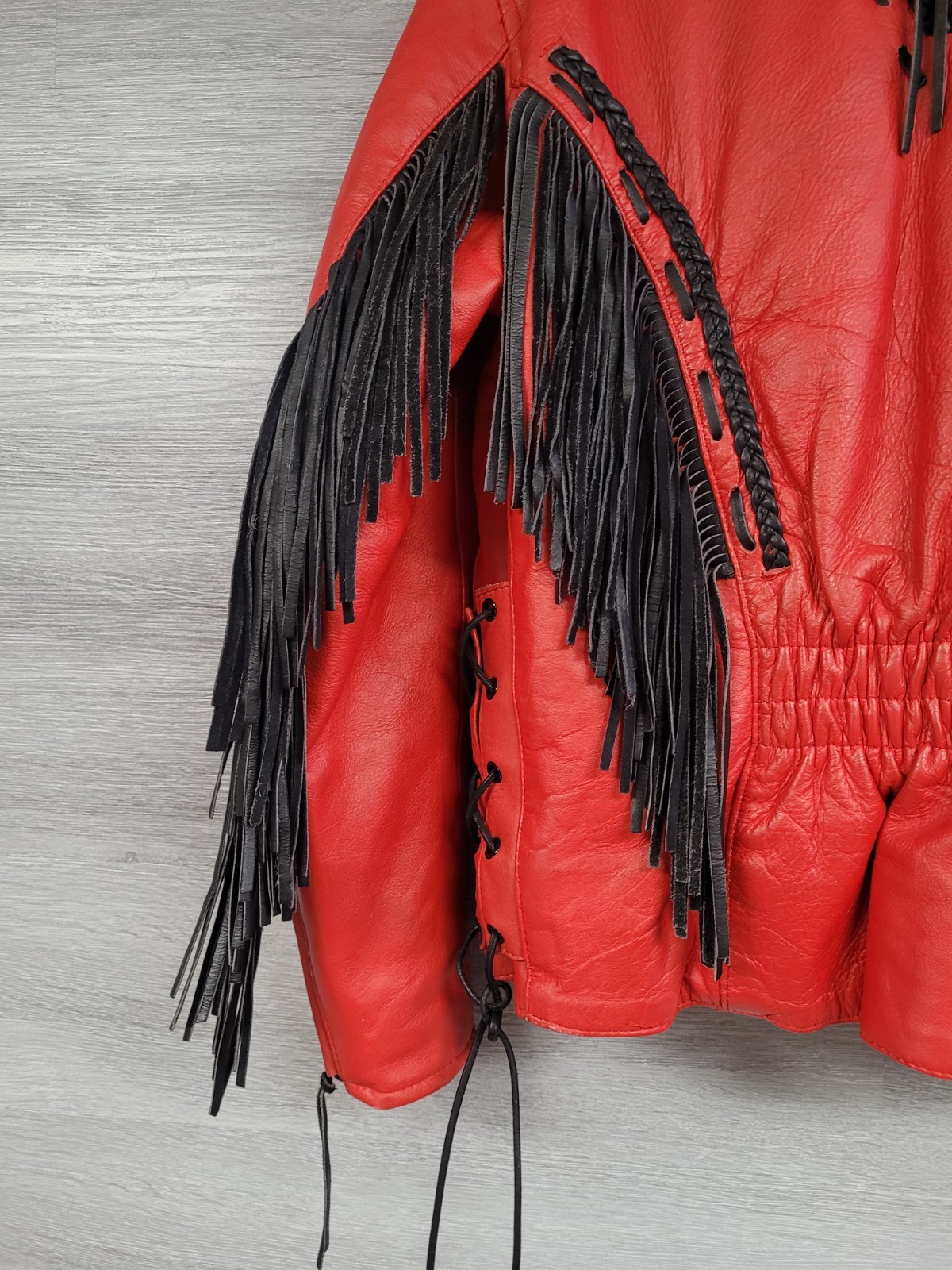 WOMENS VINTAGE LEATHER MOTORCYCLE JACKET UNIK RED FRINGE LACE UP WESTERN LARGE
