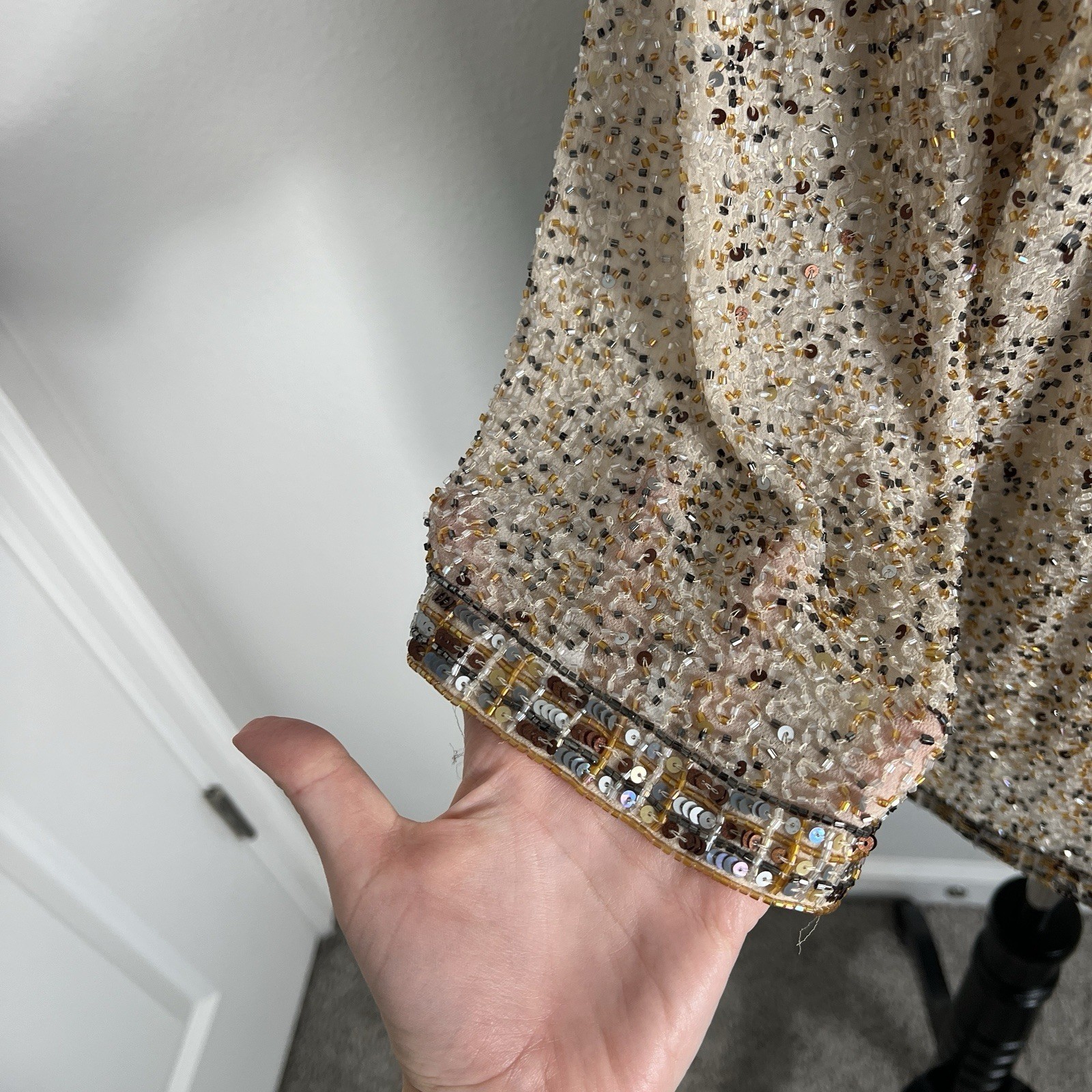 Vintage 80s FRANK USHER Jacket Eveningwear Silk Sequin Beaded Beige Sparkl Large