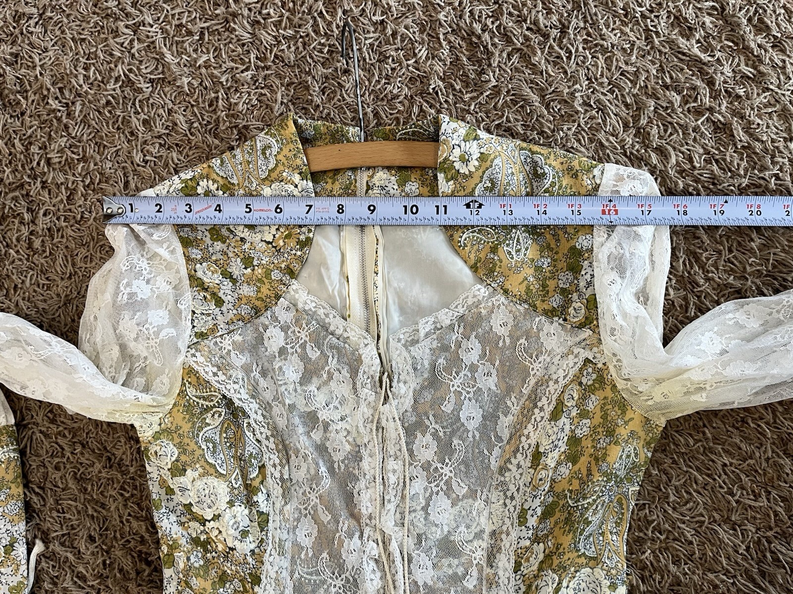 Vintage Floral Green Tan Floral Lace No Tags Prairie Maxi Dress