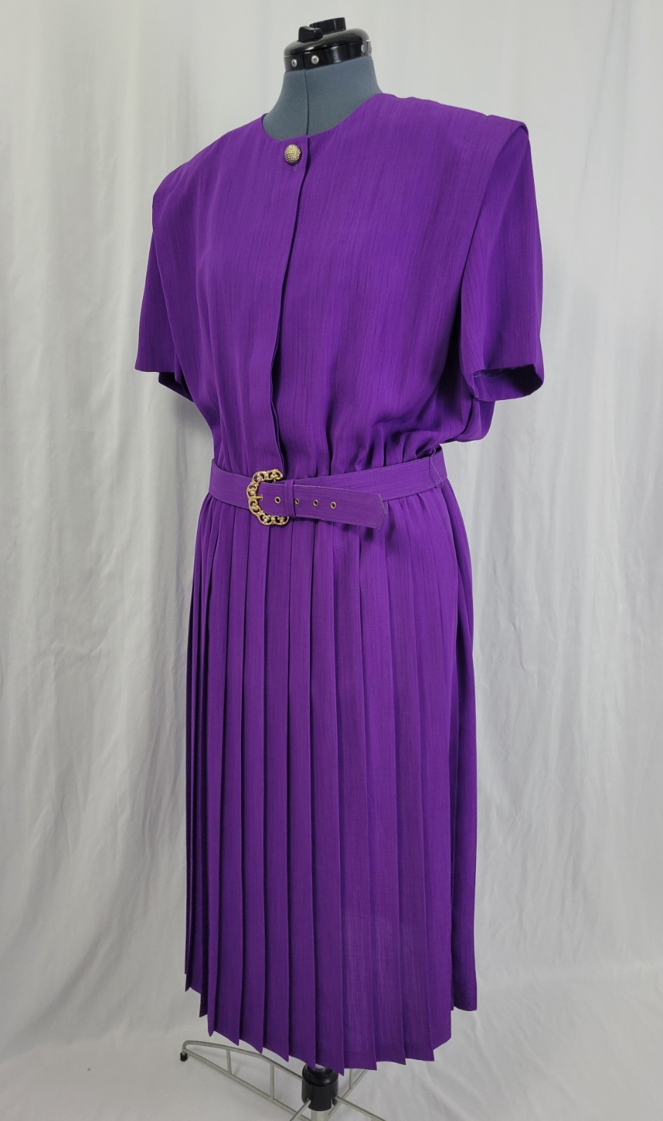 Vintage Leslie Fay Purple Blouson Dress w Pleated Skirt & Matching Belt Size 16