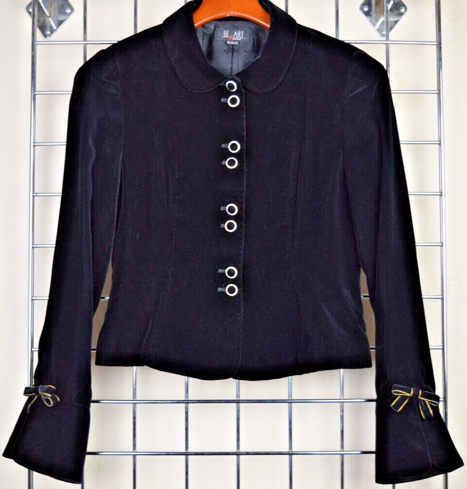 Vintage Velvet Jacket Be Art Size S/M 80s Shiny Black Ribbon Trim Jewel Buttons