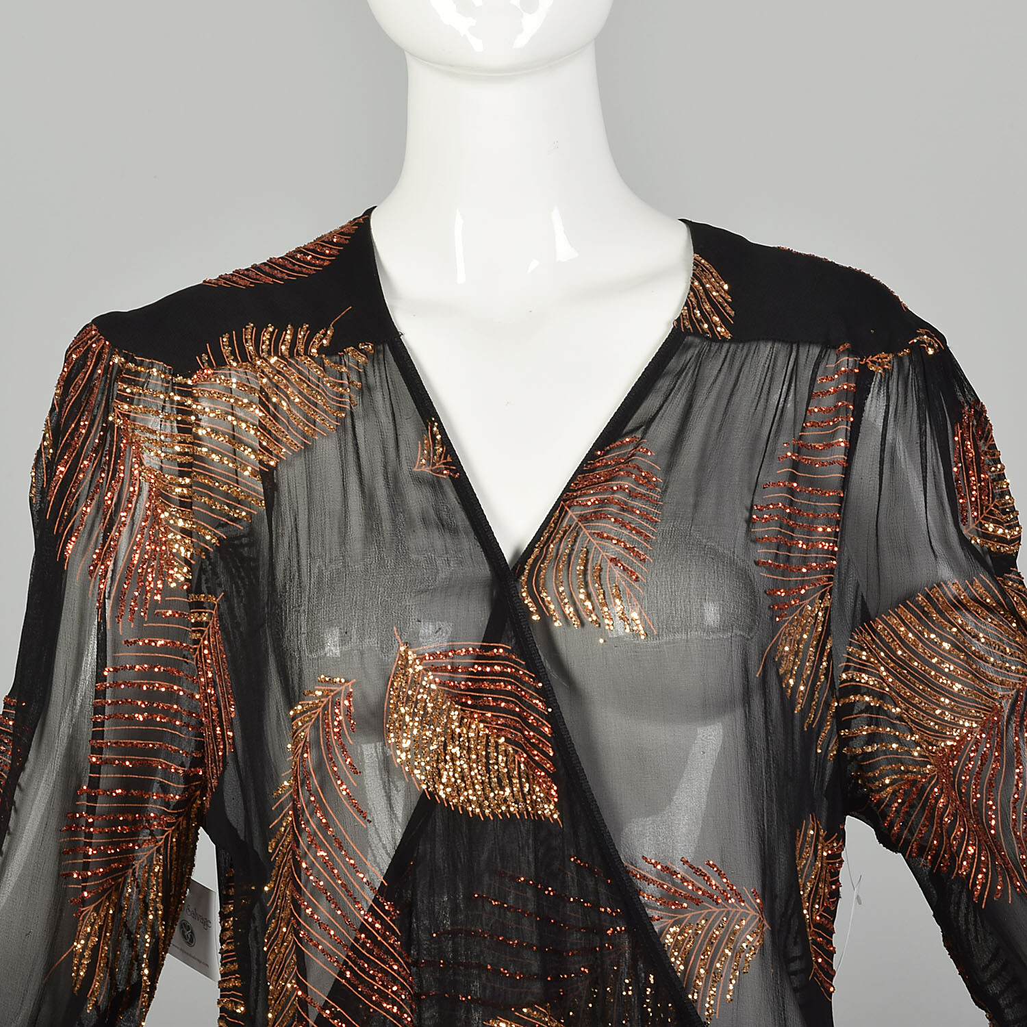 Medium 1980s Two Piece Wrap Dress Black Glitter Sheer VTG 80s