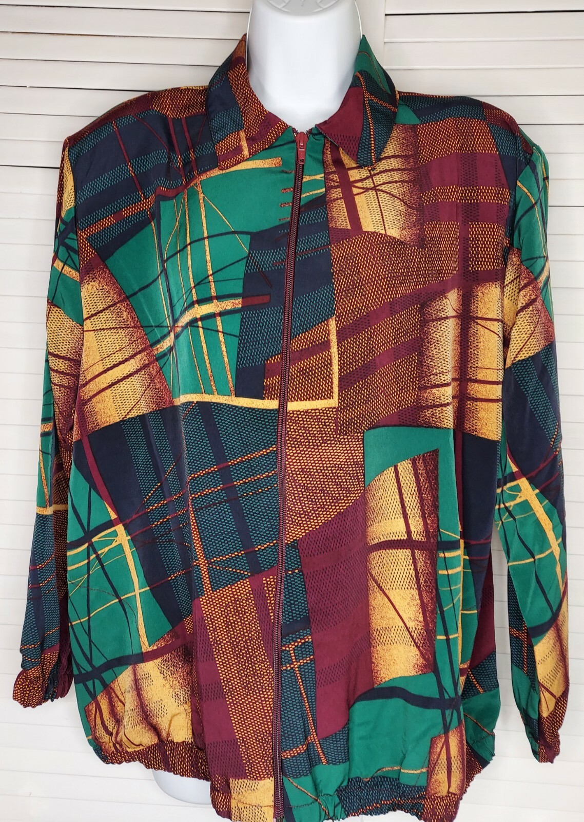 Vtg Bonworth Silky Bomber Jacket Geometric Print Multicolor Zip-Up Sz: Med/LG?