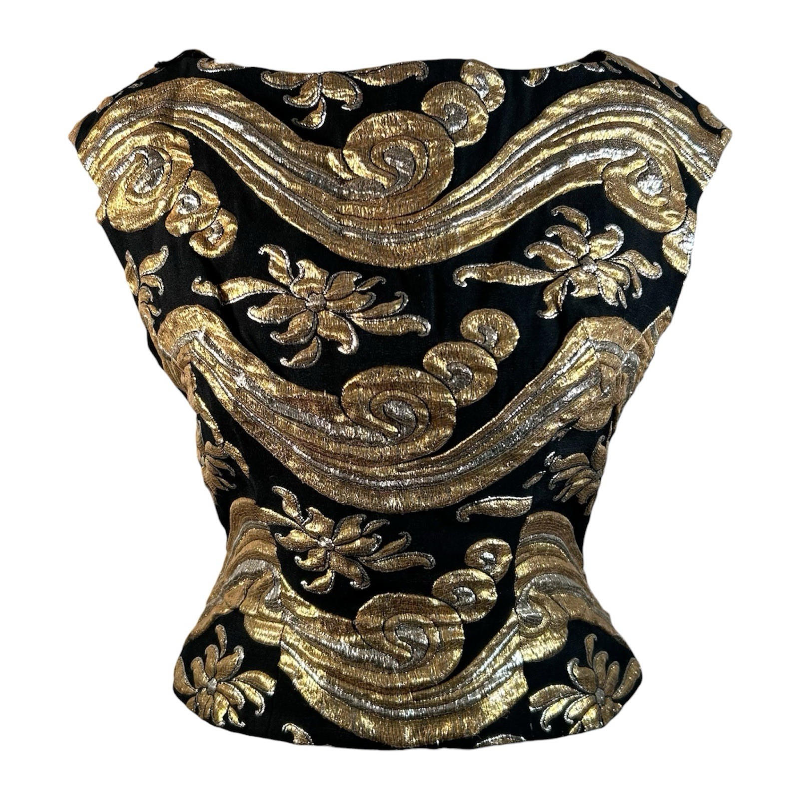 VTG 50s/60s Black Gold Brocade Peplum Waist Boat Neck Sleevless Top Women’s S/M