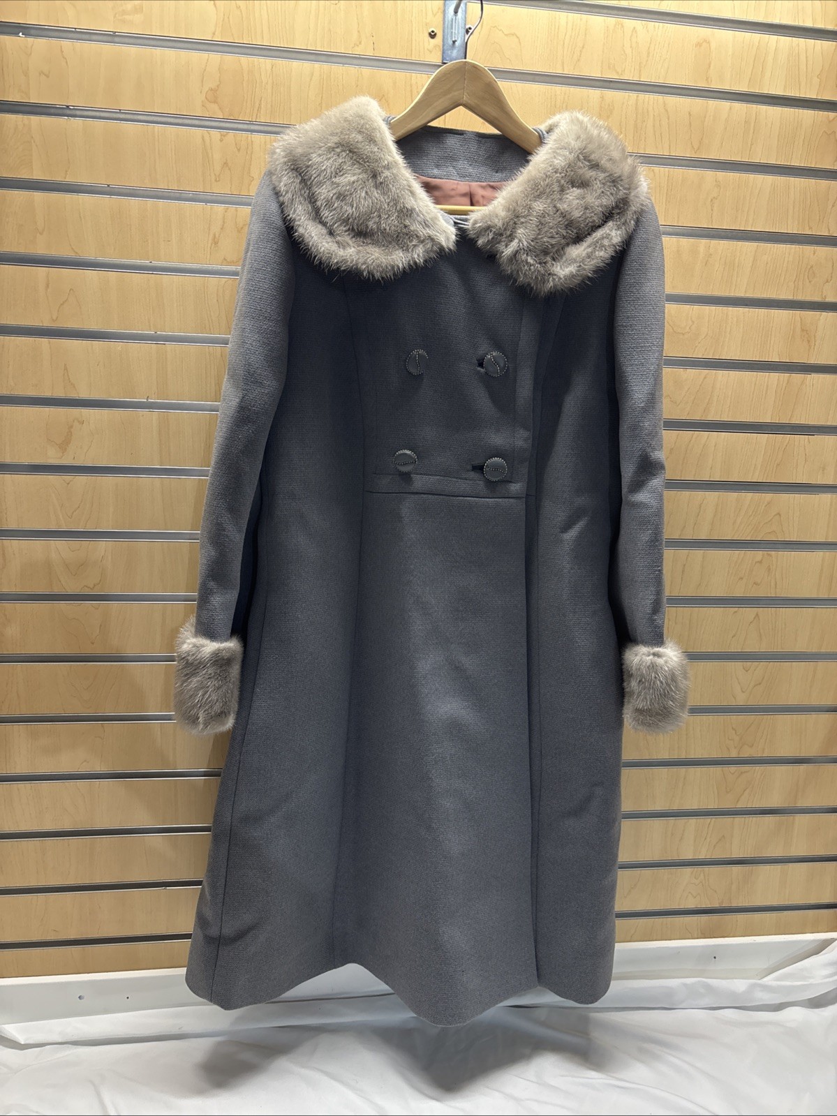 Vintage Women’s Union Made Gray Wool Coat With Fur Trim, 1960s (flaws)
