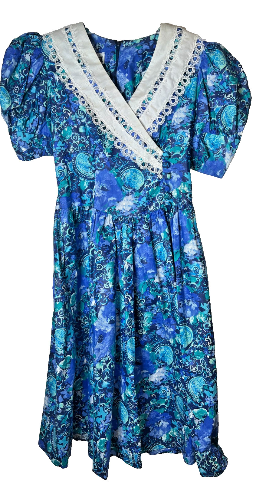 VTG ACT I Women&rsquo;s Size 10 Blue Floral Garden Party Dress Full Skirt Lace Collar