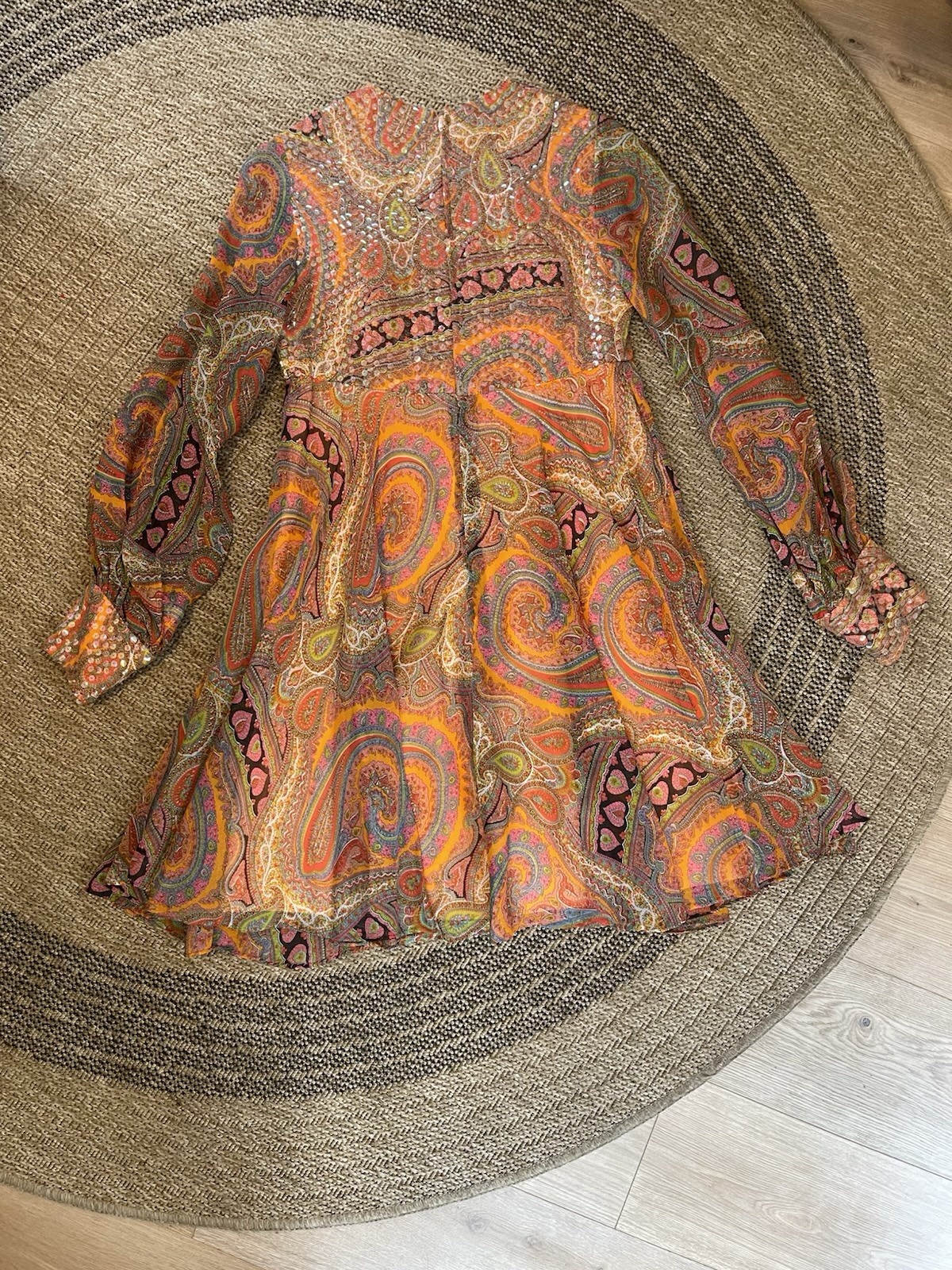 Vintage 60s/70s Lisa Meril Paisley Mini Dress sequin detail bright colors Disco