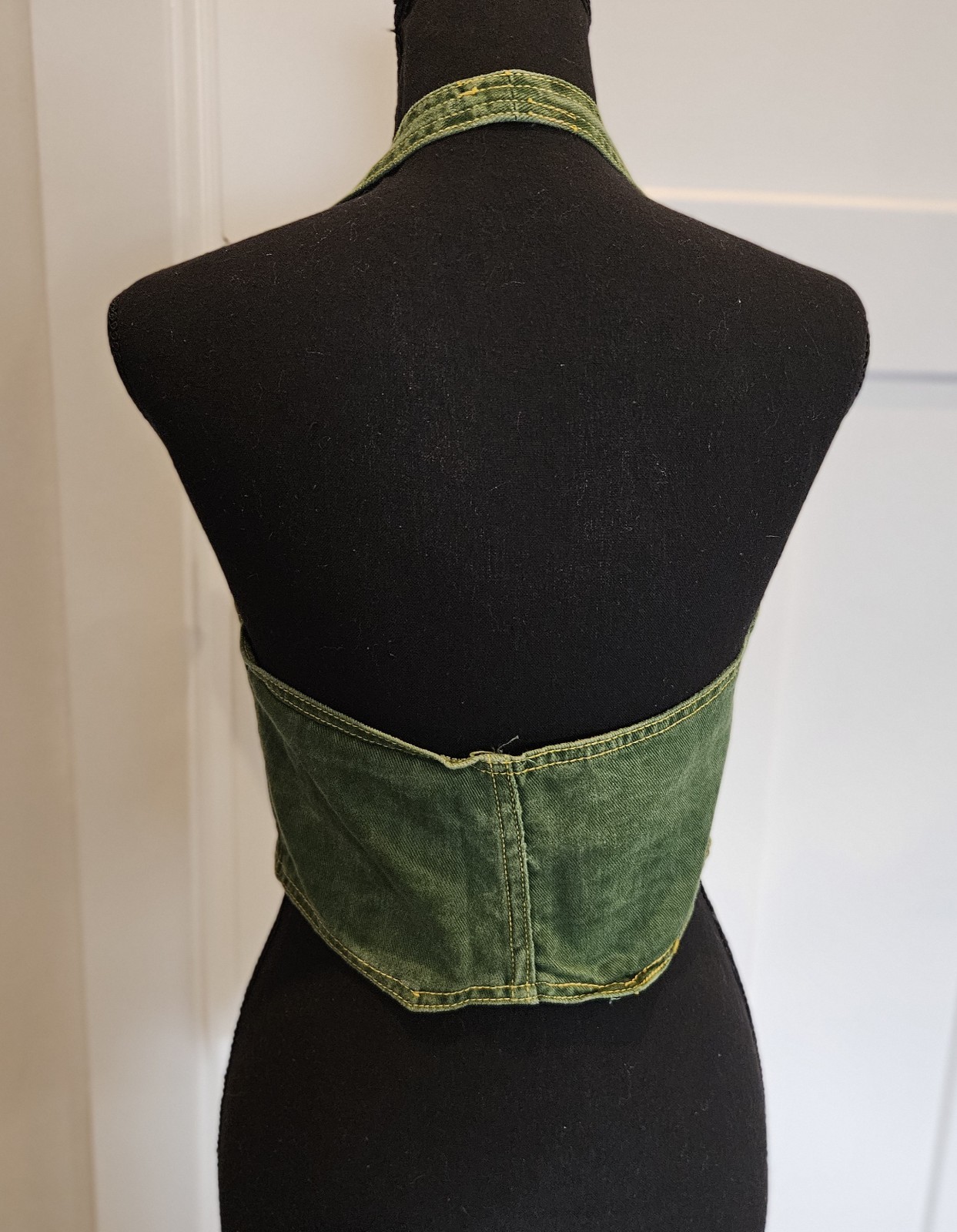 1970&rsquo;s Green Denim Halter Top Snaps Open Back Vintage Y2K Size 13