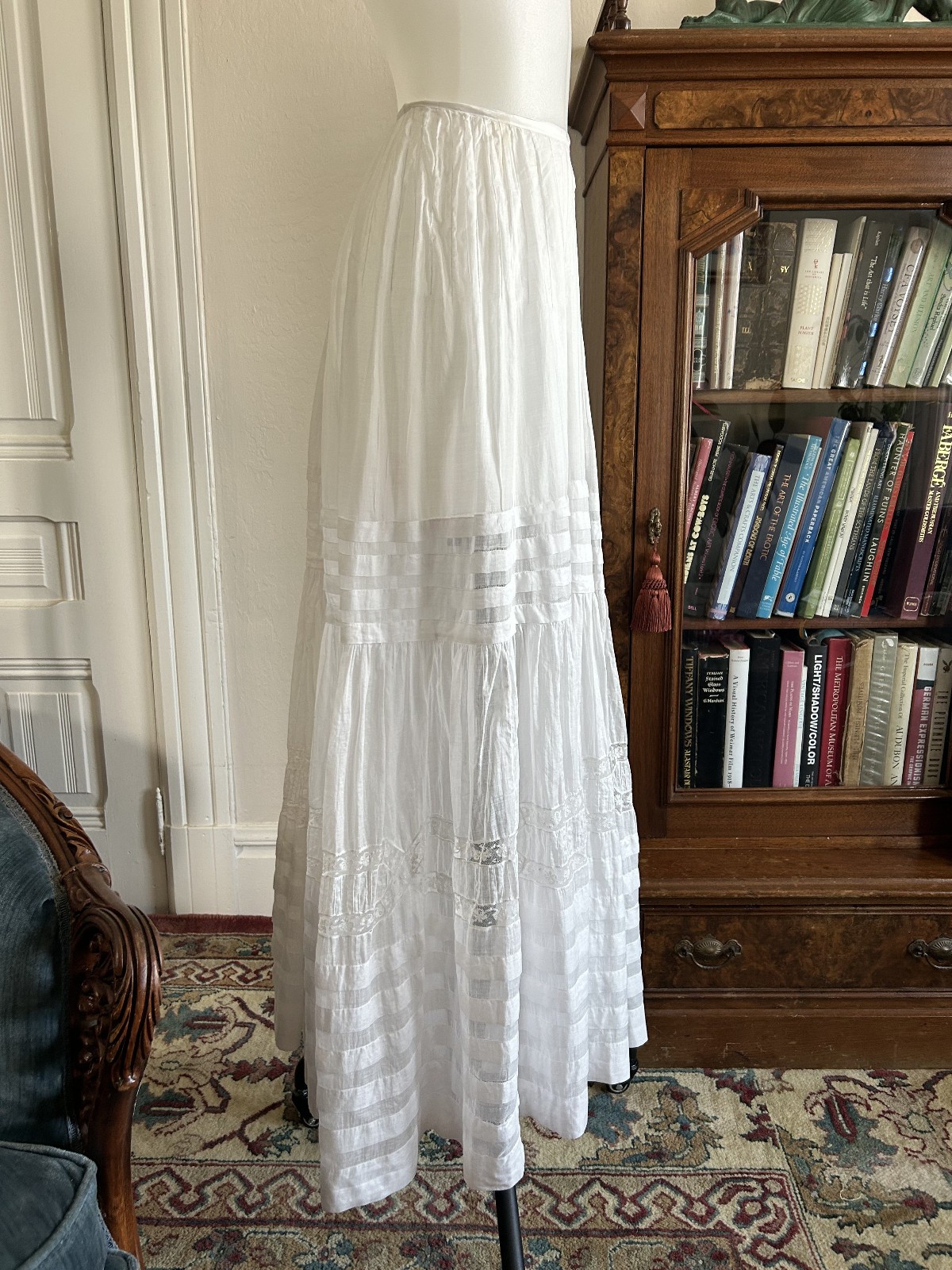 Antique Victorian Edwardian Cotton Lawn Skirt Sheer White Lace Petticoat VTG SM