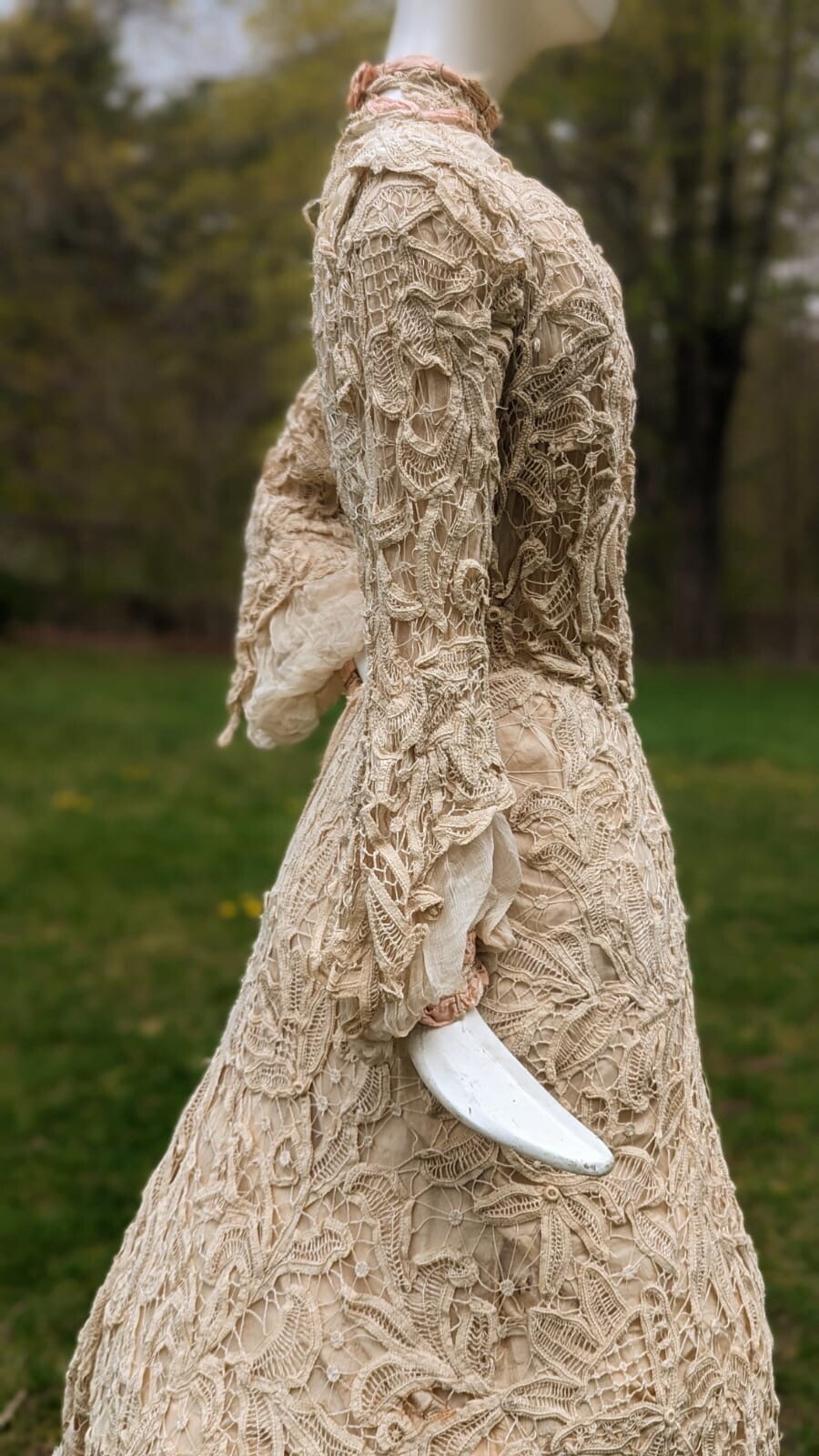 VICTORIAN HAND MADE BATTENBURG LACE DRESS W BELL SLEEVES + TRAIN