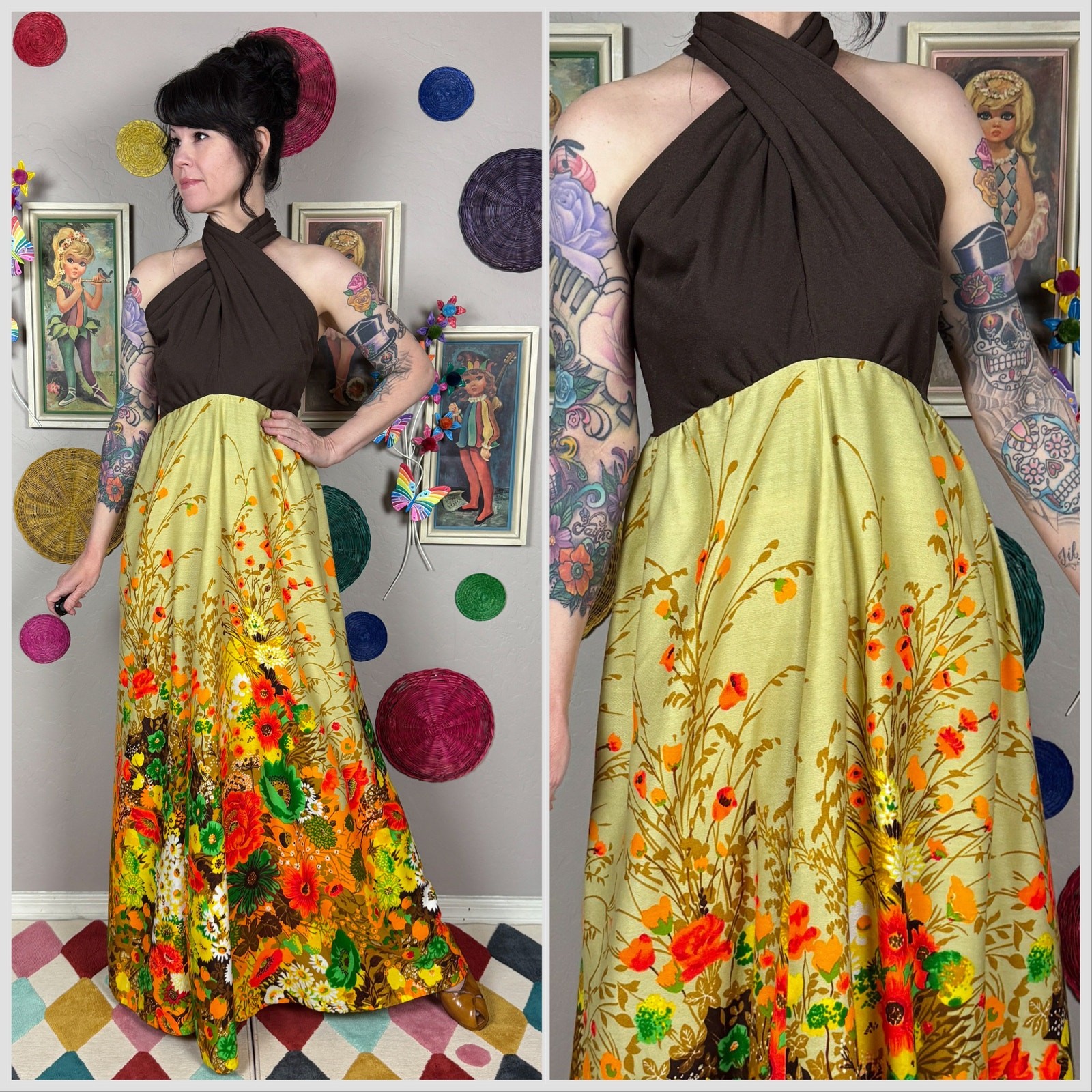 Vintage 1960s Brown and Yellow Floral Twist Front Halter Maxi Dress | 32&Prime; Waist