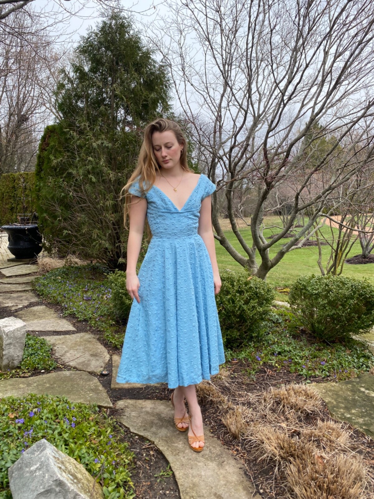 VTG 1950&rsquo;s Gigi young blue tea dress, DUEL NECKLINE size S, 25 in waist