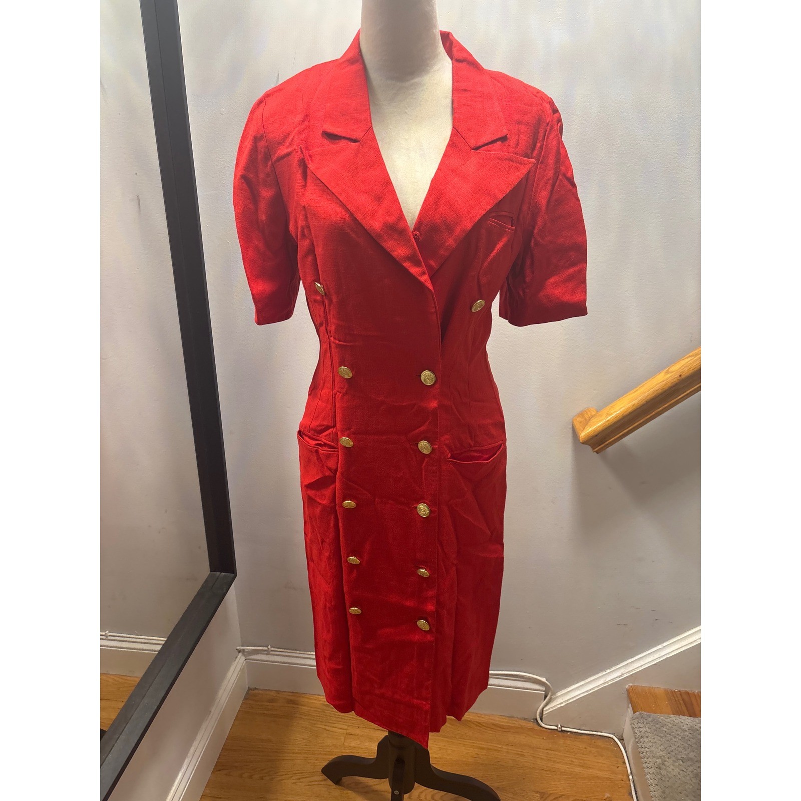 Vintage Red Double Breasted Blazer Dress Women Medium Red Gold Buttons 80s